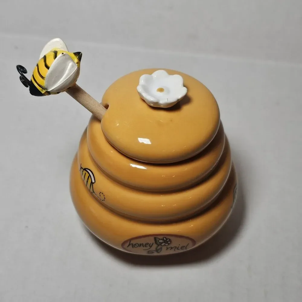 Mini Honey Pot Ceramic Jar & Wood Dipper Beehive with Bee Honey Miel